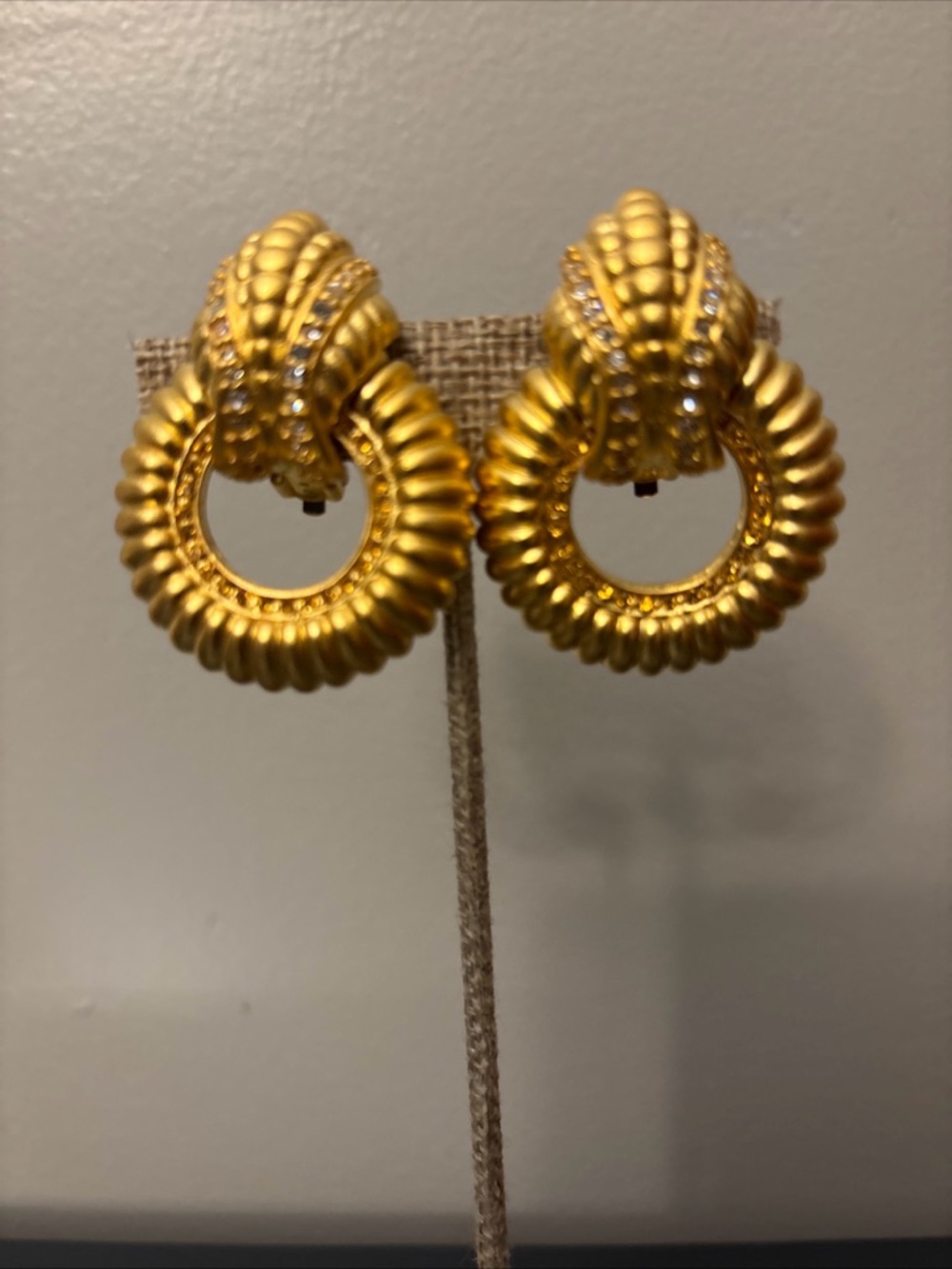 Gold Ribbed Hoop Earrings with Crystal Band - Women Jewelry